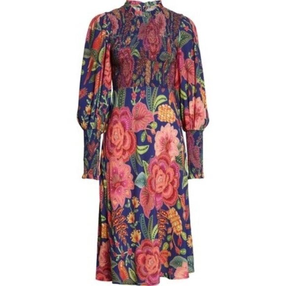 FARM Rio Macaw Bloom Floral Smocked Mock Neck Juliet Sleeve Dress size M - Picture 2 of 11